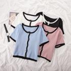 Short-sleeve Contrast Lining Button Knit Top