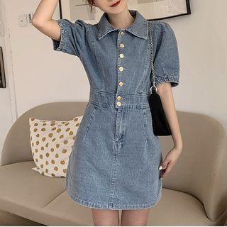 Puff-sleeve Mini Denim Shirt Dress