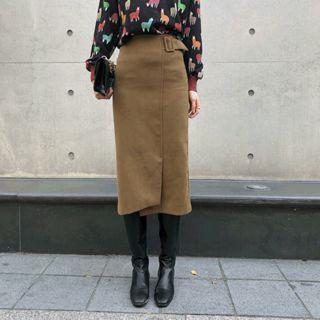 Buckled-waist Faux-suede Midi Skirt