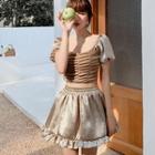 Set: Short-sleeve Lace Up Tankini + Mini A-line Skirt