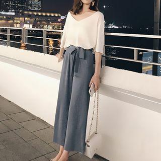 Set: V-neck Elbow-sleeve Chiffon Top + Cropped Wide-leg Pants