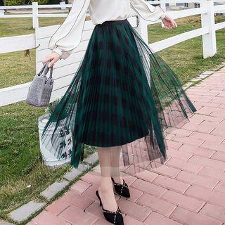 Midi A-line Pleated Mesh Skirt Green - One Size