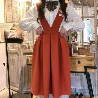 Pleated Cross Strap Midi Jumper Skirt