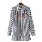 Floral Embroidered Long-sleeved Open-front Striped Blouse