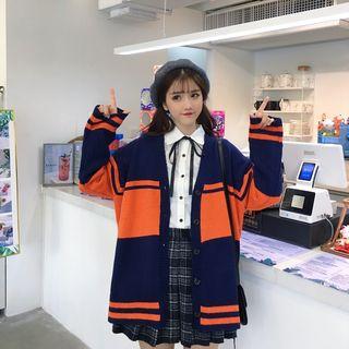 Tie-neck Shirt / Plaid Pleated Skirt / Two-tone Cardigan