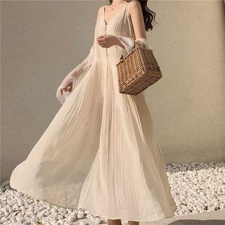 Spaghetti Strap Midi Dress / Sleeveless Lace Dress / Open-front Light Jacket
