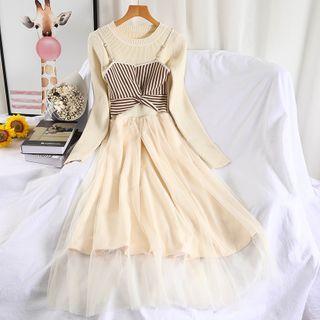 Long-sleeve Striped Panel Midi A-line Mesh Dress