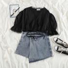 Puff-sleeve Lace Trim Blouse / Denim Shorts