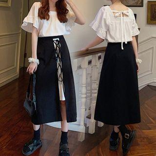 Bell Sleeve Square Neck Top / Slit Lace-up A-line Skirt