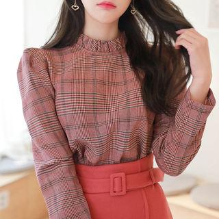 Frill-neck Puff-shoulder Plaid Blouse