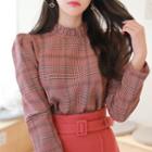 Frill-neck Puff-shoulder Plaid Blouse