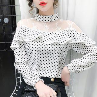 Long-sleeve Dotted Lace Panel Ruffled Mock-neck Chiffon Blouse