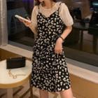 Short-sleeve Blouse / Spaghetti Strap Floral Midi A-line Dress