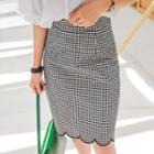 Scallop-hem Gingham Pencil Skirt