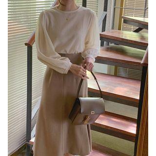 Puff-sleeve Blouse / A-line Midi Skirt
