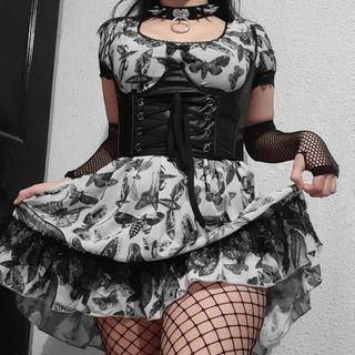 Short-sleeve Butterfly Print Lace Trim Mini A-line Skirt