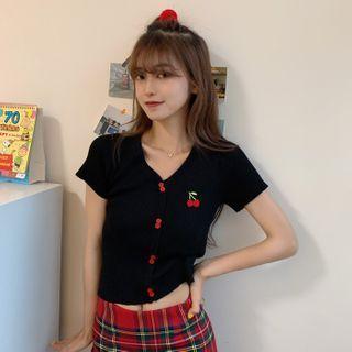 Cherry Embroidered Short Sleeve V-neck Knit Blouse