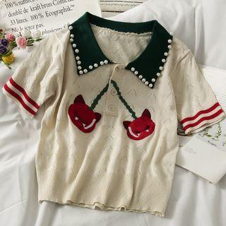 Pearl-trim Embroidered Loose Polo Shirt Almond - One Size