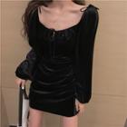 Velvet Long-sleeve Sheath Dress Black - One Size