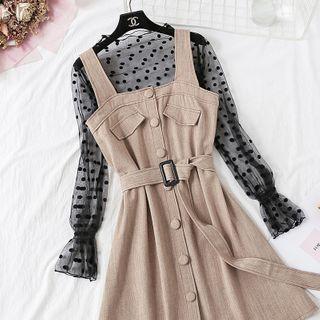 Set: Dotted Long-sleeve Mesh Top + Mini A-line Pinafore Dress