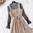 Set: Dotted Long-sleeve Mesh Top + Mini A-line Pinafore Dress