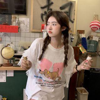 Elbow-sleeve Lace Panel Print T-shirt White - One Size