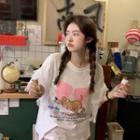 Elbow-sleeve Lace Panel Print T-shirt White - One Size