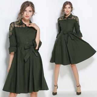Elbow-sleeve Lace Panel Shirtdress