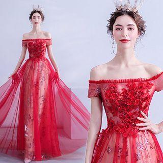 Off-shoulder Floral Sequined A-line Evening Gown