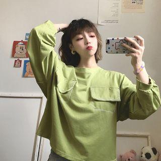 Stitched Front Pocket Round Neck Pullover