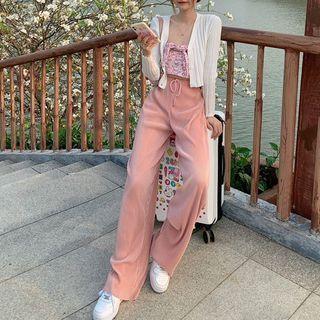 Floral Print Tie-front Tube Top / Cardigan / Drawstring Pants
