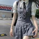 Short-sleeve Neck Tie Shirt / Vest / Pleated Skirt