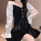 Two-tone Bell-sleeve Mini A-line Velvet Dress