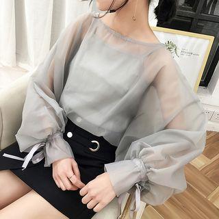 Set: Long-sleeve Mesh Top + Spaghetti Strap Top