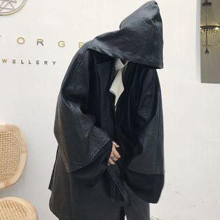 Faux Leather Zip Hooded Coat Black - One Size