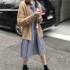 Cable Knit Cardigan / Long-sleeve Pleated Plaid Dress