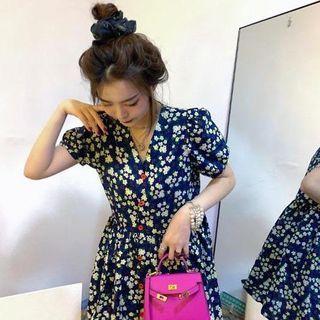 Flower Print Short-sleeve A-line Dress Floral - Navy Blue - One Size