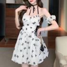 Spaghetti Strap Butterfly Print Lace-up Mini Corset Dress