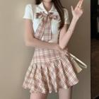 Short-sleeve Bow-neck Shirt / Plaid Mini Skirt