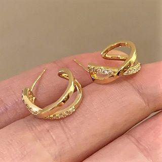 Rhinestone Open Hoop Earring 1 Pair - 925 Silver - Gold - One Size