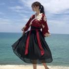 3/4-sleeve Traditional Chinese Top / Midi A-line Skirt
