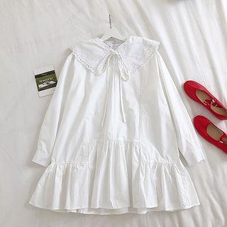 Ruffled-trim Cut Out Peter-pan Collar Long-sleeve Dress White - One Size