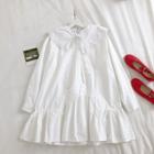 Ruffled-trim Cut Out Peter-pan Collar Long-sleeve Dress White - One Size