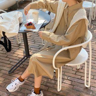 Long-sleeve Plain Midi Shirtdress Khaki - One Size