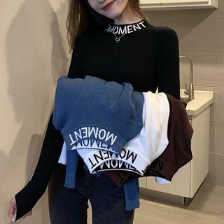 Lettering Print Mock-neck Long-sleeve Knit Top