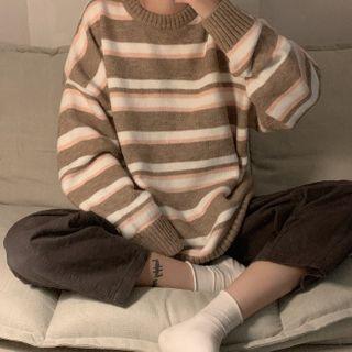Long-sleeve Striped Crew-neck Sweater Coffee - One Size