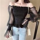 Lantern-sleeve Off-shoulder Mesh Panel Blouse