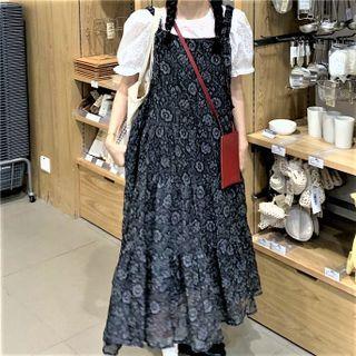 Set: Puff-sleeve Lace Blouse + Flower Print Maxi Overall Dress Set - Shirt - White - One Size / Dress - Flower - Black - One Size