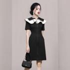 Short-sleeve Ruffle Collar Zip-up A-line Dress