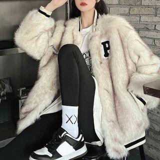 Lettering Embroidered Fluffy Baseball Jacket Almond - One Size